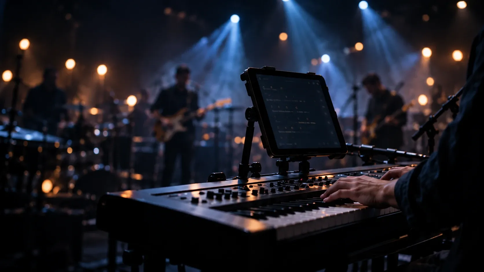 A keyboard player on stage, a chord chart on a tablet above the keys, the band behind in the lights